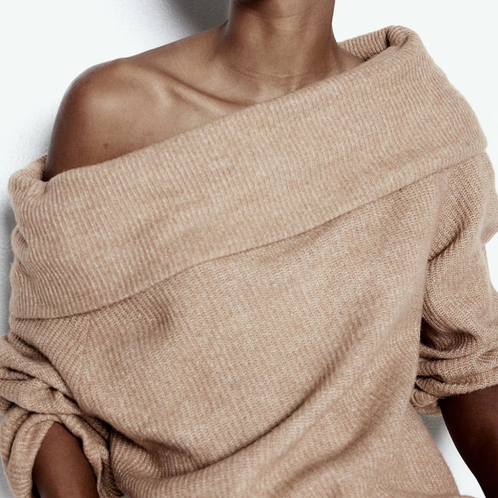 H&M Off-Shoulder Rib Knit Pullover Sweater Long Sleeve Tan Medium